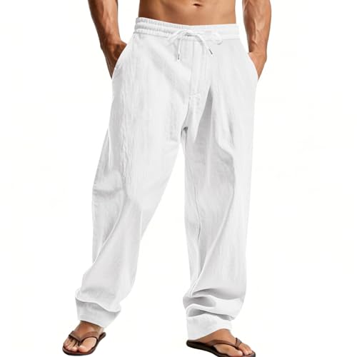 ZARLAN Mens Cotton Linen Pants Breathable Casual Summer Beach Elastic Drawstring Lightweight Sweatpants White L