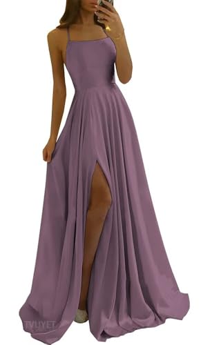 Image of Tvuyet Satin Prom Dresses Long with Pockets Spaghetti Straps A Line Bridesmaid Dresses with Side Slit Ball Gown