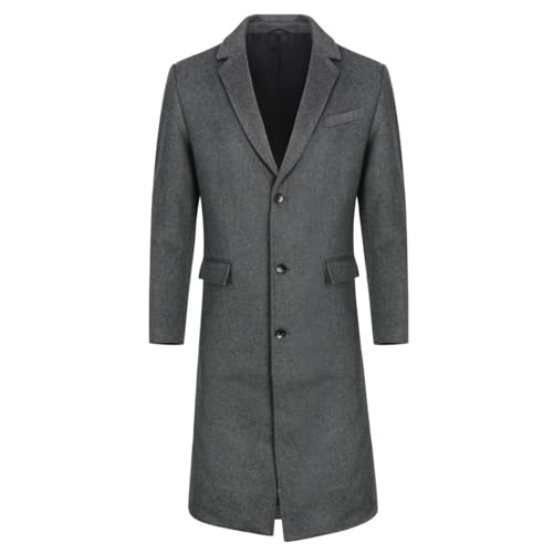 Allthemen Mens Long Winter Coat Wool Slim Fit Outerwear Lapel Collar Trench Coat Business Elegant Coats Grey XL