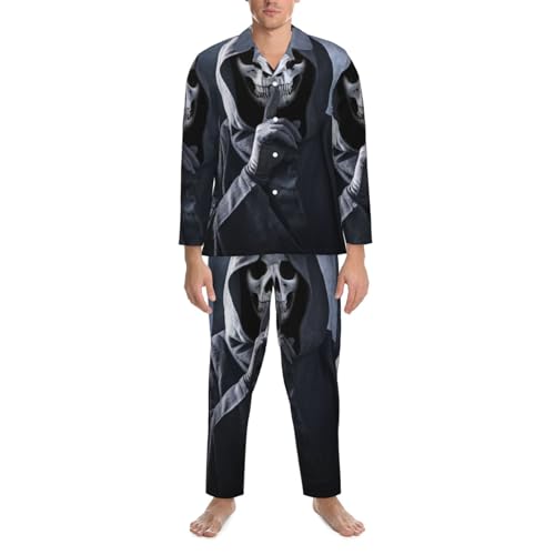 Grim Reaper Showing Hush Sign Mens Pajamas Set Button Down Sleepwear Set Long Sleeve Loungewear With Pockets