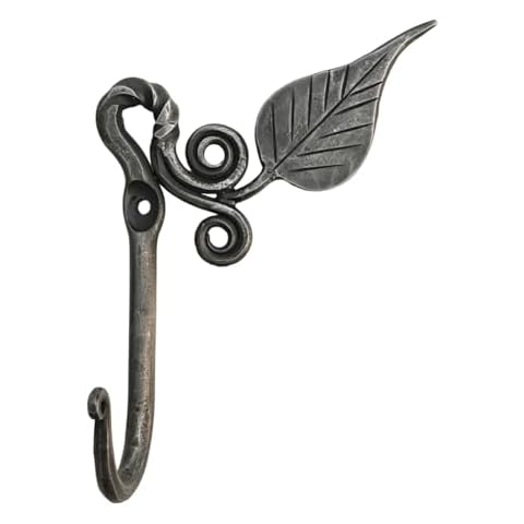 Living Ideas Hand Forged Metal Leaf Hook Wrought Iron Handmade Wall Mounted Rustic Hook for Plant, Mug & Hat Blacksmith Farmhouse Decor Coat Hook Rack Antique Finish Heavy Duty Kitchen Towel Hooks Cover