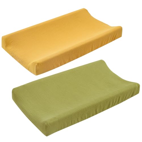 OSOLADY Funda Elástica para Cambiador de Ñiño 2 Piezas, Funda Reutilizable y Lavable de Algodón, Colores Mostaza y Verde Militar, Protección Transpirable para Pañales, Adecuado para