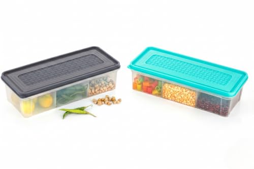 Image of MAGIC SPOON Multipurpose 3 Section Storage Container | Spice Box, Pickle Jar, Fridge Organizer, Dry Fruit, Vegetable & Kitchen Storage Container- Combo Pack (2000ml X 2) (AQUA-GREY)