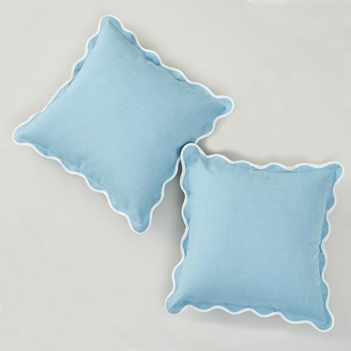 Image of Mayler Yee Scalloped Throw Pillow Covers Set of 2 for Living Room, Cotton & Linen, Boho Sytle Decorative Home. Fabric Feels a Little Stiff, Because Scalloped Edges Require (Blue, 22x22 Inch)