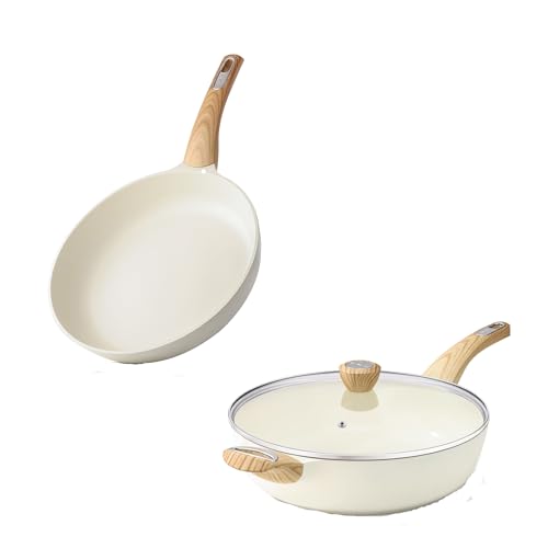 Image of SENSARTE 8inch Ceramic Nonstick Frying Pan with 12Inch 5QT Deep Fry Pan Saute Pan with Lid, Non-toxic Cooking Pan, PTFE Free