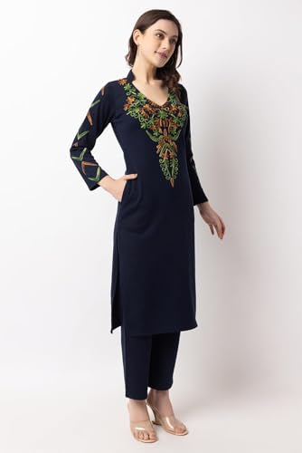 Image of Rosary Women's Woolen Winter Embroidered Kurta with Palazzo | Warm Ethnic Suit Set - 2 Piece Outfit