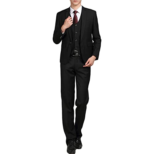 Men' 3 Piece Solid Color Suit Set Single Breasted Slim Jacket Vest Pants Formal Business Wedding Prom Blazer Sets (Black 3,4X-Large)