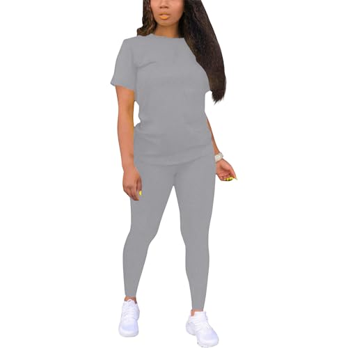 TOPONSKY Women's Matching Short Sleeve Two Piece Jogger Set, Gray, M