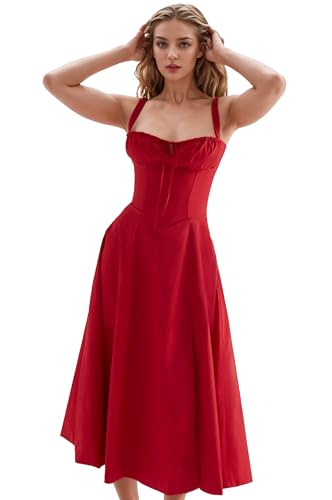 Image of Women Floral Corset Dress 2026 Boho Midi Sundress Summer Dress | Flowy A-Line Dress with Adjustable Spaghetti Straps Lace Up Back Front Slit High Waist for Vacation Wedding Guest