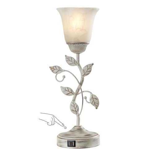 RORIANO Rustic Touch Table Lamp for Bedroom, 3-Way Dimmable Nightstand Lamp with 2 USB Ports, Retro Vintage White Glass Shade Leaf Desk Lamp for Living Room Entryway, LED Bulb Included