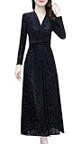 Women's Elegant Velvet Party V-Neck High Waist Long Sleeves Cocktail Vintage Formal Dress