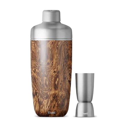 S'well Stainless Steel Shaker Set with Jigger, 18oz, Teakwood, Triple Layered Vacuum Insulated...