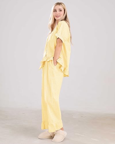 Image of codcm Womens Gingham Pajama Set 2 Piece Short Sleeve Babydoll Shirt and Pants Lounge Set Cute Sleepwear