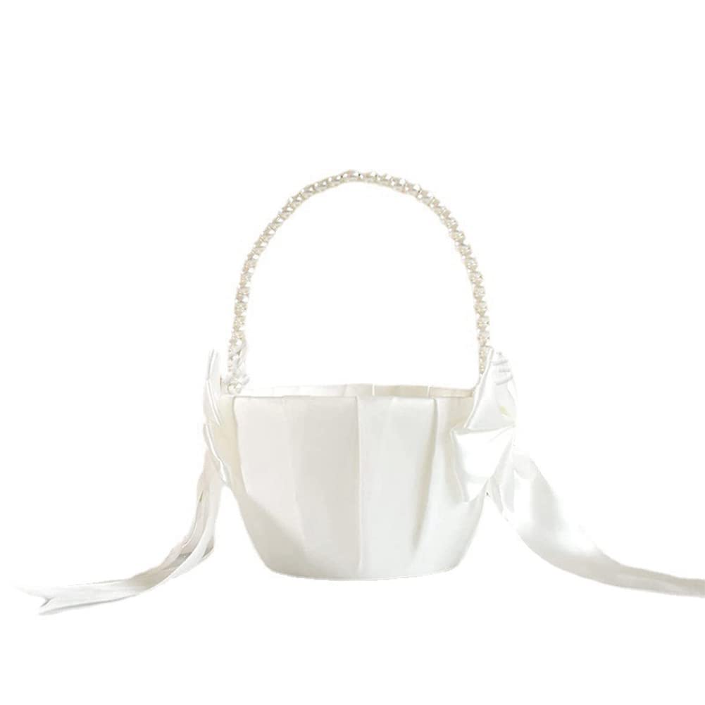 Souhgaue Girls White Wedding Flower Basket With Cute Pearl Handle Bowknot Satin Flower Baskets For Wedding Ceremony Etc