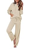 Viottiset Women's 2 Piece Outfits Sweater Set Long Sleeve Hoodies Sweaters Wide Leg Pants Lounge Sets Apricot Medium