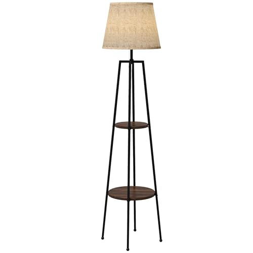 HOMCOM Lampadaire, lampe de salon sur pied, 2 étagères de rangement, douille E27, 40 W, interrupteur à tirette inclus, abat-jour tissu, métal, design...