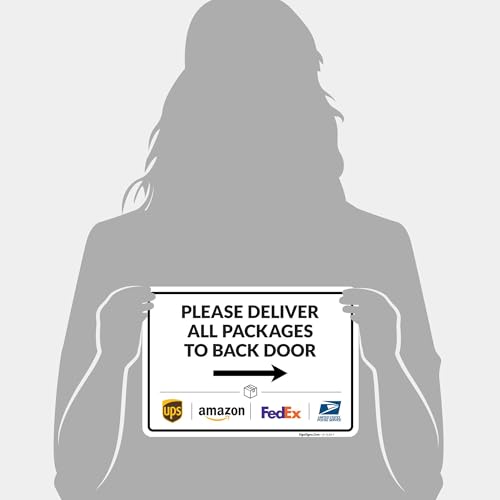 Image of Package Delivery Sign, Delivery Instructions Deliver All Package to Back Door Right Arrow Sign, 10x7 Inches, 4 Mil Vinyl Decal Stickers Weather Resistant, Made in USA
