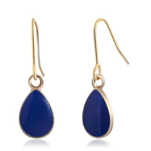 14K Gold Navy Blue Teardrop Drop Dangle Earrings