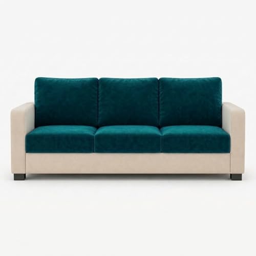 Image of FURNY Haster 3 Seater + 2 Seater Fabric Sofa Set with 1 Ottoman (Green Teal-Cream) with Velvet Finish | Durable Comfort | Ideal for Living Room
