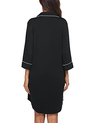 Ekouaer Boyfriend Style Sexy Cotton Nightgown Sleep Shirt For Women,Black(3/4 Sleeve),Medium #TOP4