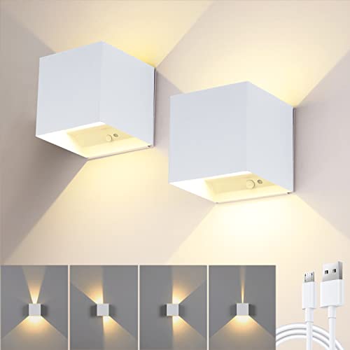 LED Wandleuchte mit Bewegungsmelder, 6W Innen Akku Wandlampe Magnetisch Innen Beleuchtung 3000mAh USB Aufladbar Batterie Auf und ab Einstellbarer Strahl Warmes Licht Wandbeleuchtung, 2Pack (Weiß) Cover