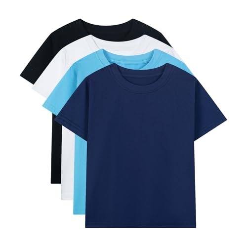 Image of HILEELANG Kids Boy Basic Plain Cotton T-Shirts Short Sleeve Crew Neck Summer Tees 4packs 6-12 Years