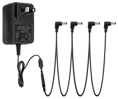 STRICH SPA-10 Guitar Pedal Power Supply Adapter (1000mA -1A) AC DC 9V with 4 Way Daisy Chain Pedal Cables, Compatible for Most Effect Pedals (Tip Negative), Black