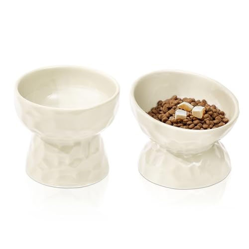 猫 ご飯皿 ペット 脚付フードボウル 2個セット 猫用餌入れ 15度の傾斜 猫陶器皿 小型犬用 高い 食器 頸椎を保護 吐き戻し防止 電子レンジ・食器洗浄機 対応 (クリーム)