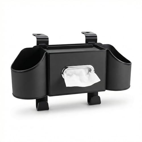 Car Back Seat Organizer, Multifunctional Headrest Storage Box with 2 Cup Holders, Tissue Box Slot & Phone Mount - Premium ABS Backseat Hanger for Kids Travel Accessories, Snacks & Drinks (Black)