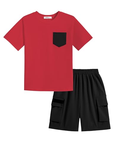 Image of Arshiner Boys' 2-Piece Cotton Outfit Short Sleeve Crewneck T-Shirt & Cargo Shorts Set Summer Casual Clothes for Kids 5-13