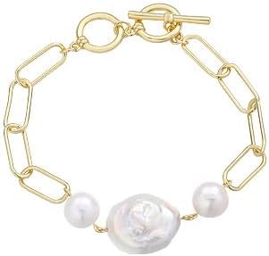Gemlux Elegant 14K Solid Gold over S925 Sterling Silver Womens Baroque Pearl Bracelet, Unique Natural Pearl Link with Stylish Buttons, Ideal Gift for Mom, Girlfriend, Wife