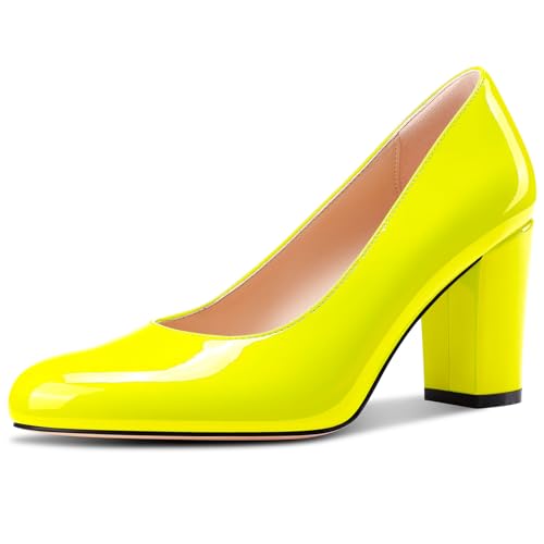 Castamere Womens High Chunky Block Heel Round Toe Pumps Slip-on Prom Dress Patent Leather 3.2 Inches Heels Cobalt Blue by Castamere