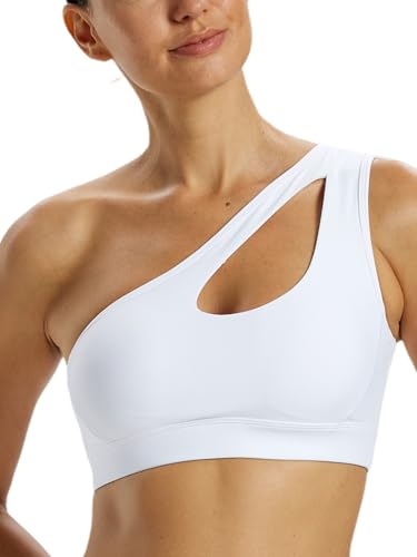 Omwilddo One Shoulder Sports Bra for Women Sexy Cutout Asymmetrical Yoga Soft Light Support Padded Crop Top Gym Streetwear White M