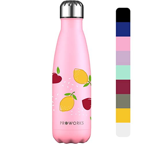 PROWORKS Bouteille d'eau Isotherme sans BPA, Gourde INOX Reutilisable pour Maintien Chaud de 12 Heures &amp; du Froid Jusqu’à 24 Heures, Sport, Gym, Voyage 1 Litre - Rose Pastel -Citron au Cerises