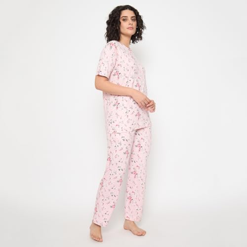 Image of CAMEY Women's Printed Pyjama Set, Short Sleeve T-Shirt and Trousers, Women Nightsuit, Loungewear Sets