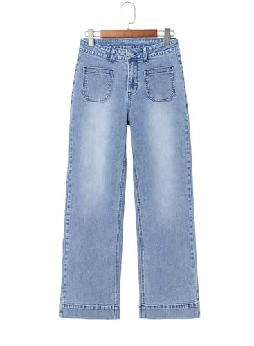 Astylish Womens Wide Leg Jeans High Waisted Stretchy Straight Leg Jeans Trendy Denim Pants with Patch Pocket, Light Blue, 14
