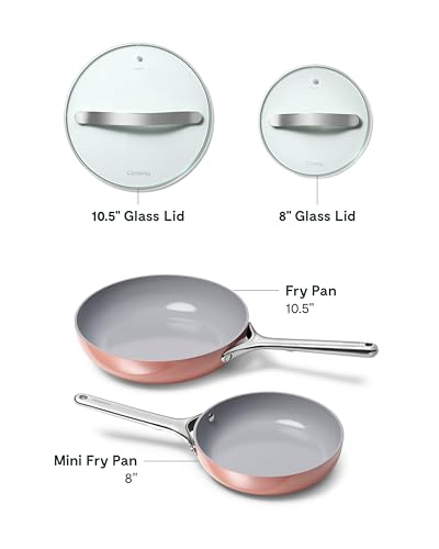 Caraway Ceramic Nonstick Fry Pan Set with Glass Lids – Includes Two 10.5” Fry Pans, One 8” Fry Pan, & Three Lids - Non Toxic, PTFE & PFOA Free - Oven Safe & Compatible with All Stovetops - Perracotta