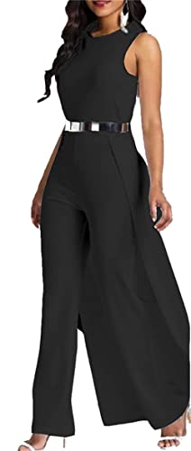 MAGICMK Women Sleeveless High Waist Outfit Overlay Elegant Wide Leg Long Jumpsuit Romper (Black, S)