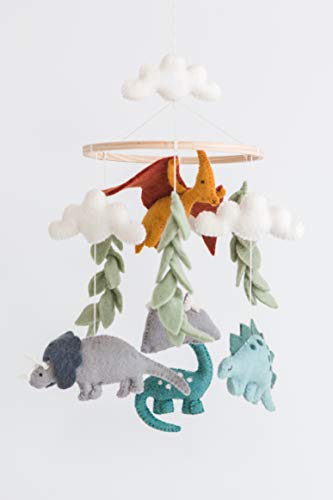 Image of Dino Mobile - Dinosaur Theme Crib Mobile with Stegosaurus, Brachiosaurus, Triceratops - Jungle & Forest