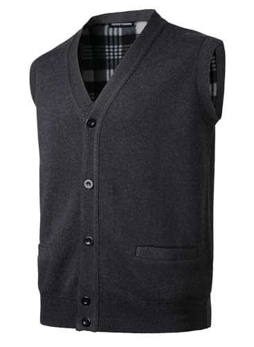 Herothorn Gebreid vest voor heren, fleece voering, knoopsluiting, vest, mouwloos vest, klederdrachtvest met opstaande kraag, wintervest, dik gilet, donkergrijs, M