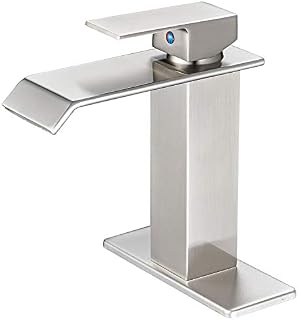 BWE Waterfall Spout Brushed Nickel Single Handle One Hole Bathroom Sink Faucet Deck