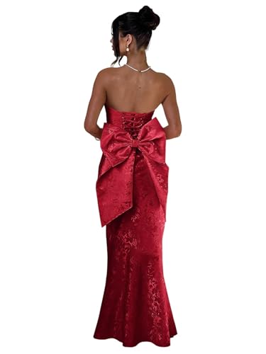 Fivsole Satin Prom Dresses with Bow Strapless Long Satin Formal Evening Party Gown