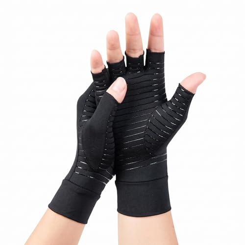 Copper Arthritis Gloves, Copper Compression Gloves for Arthritis Hands for Women and Men, Fingerless Arthritis Pain Relief Gloves for Carpal Tunnel, Rheumatoid,Tendonitis,Relieve Muscle Pain(Black,S)