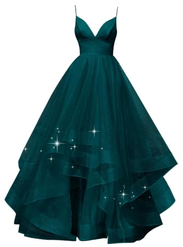 Robe de bal en tulle scintillant avec bretelles spaghetti et cascade de volants féeriques