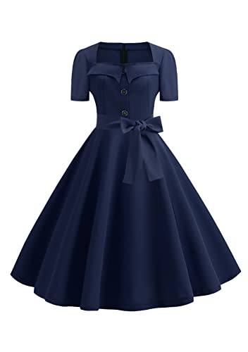 Yming Damen Audrey Hepburn Cocktailkleid Slim Fit Knopf Vintage Taille Kurzarm Kleid Mit Quadratischem Kragen Navy Blau XS