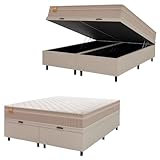 Cama Box Baú Casal Queen Colchão Molas Qatar 158x198x63cm Bege/Branco Inducol - Suporta Até 200 Kg Por Pessoa