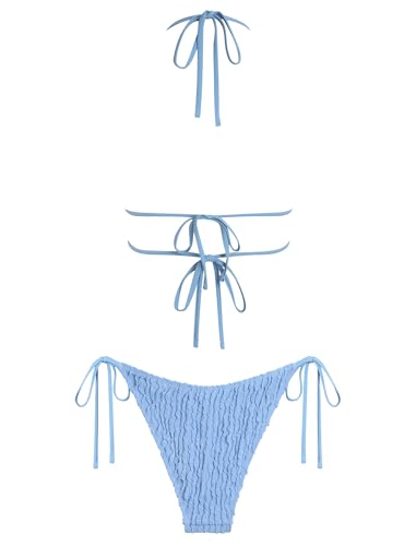 Image of ZAFUL Halter Swimsuits for Women Textured Backless 2 Piece Bathing Suits Cheeky High Cut String Tie Side Bikini Sets