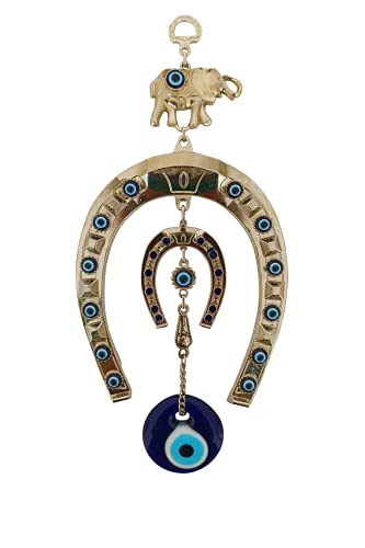 Erbulus Turkish Silver Horse Shoe Blue Evil Eye Wall Hanging Ornament with Elephant - Turkish Nazar Bead Amulet – Home Protection and Good Luck Charm Gift in a Box