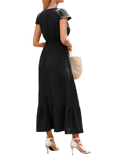 Image of CzzzyL Women Nursing Boho Maxi Dresses Cap Short Sleeve V Neck Swiss Dot High Waisted A-Line Ruffle Tiered with Pockets