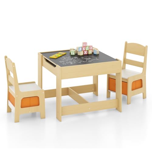 KOTEK Kids Wood Table and 2 Chairs Set with Blackboard & Storage Space, Children Multi Activity...